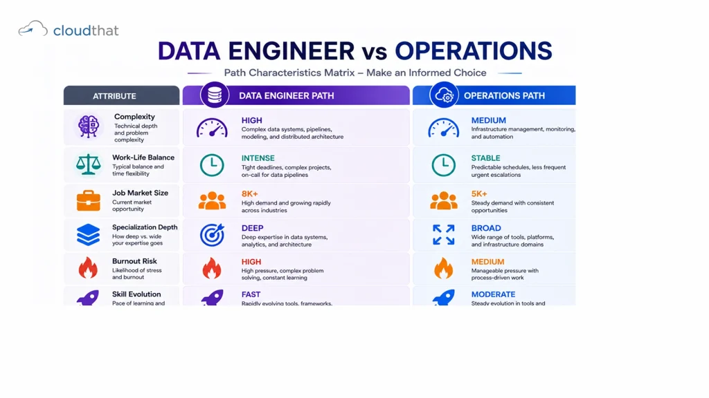 AWS career paths comparison matrix showing complexity, work-life balance, job market size, specialization depth, burnout risk, and skill evolution for data engineer versus operations engineer roles