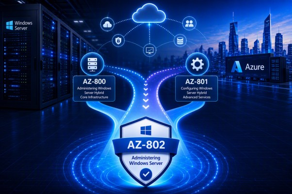 Microsoft AZ-802 certification roadmap replacing AZ-800 and AZ-801 for Windows Server hybrid infrastructure expertise.