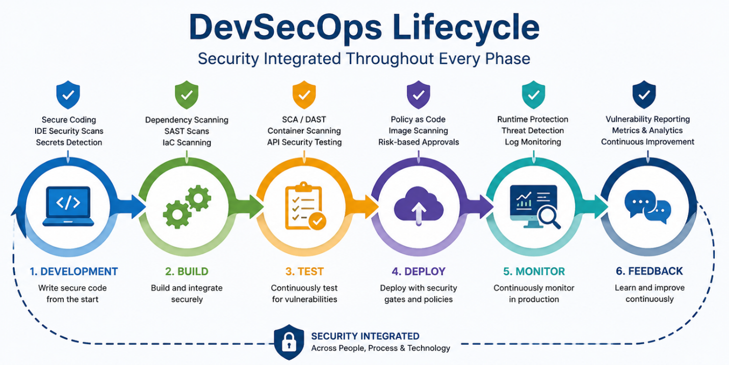 DevSecOps lifecycle integrating security across development, build, testing, deployment, monitoring, and feedback stages.