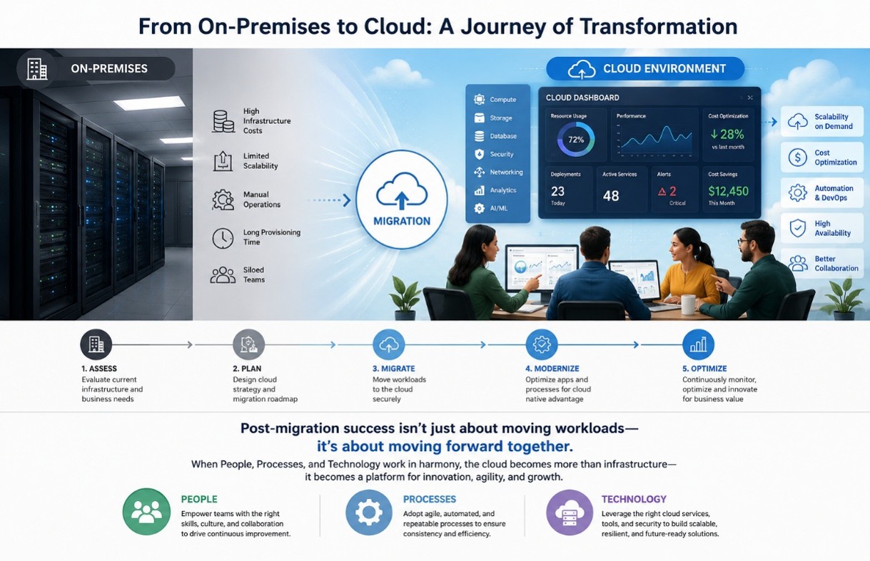 Cloud migration journey from on-premises infrastructure to cloud optimization, scalability, automation, and growth.