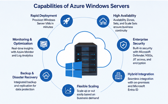 Azure Windows Server capabilities including scalability, security, high availability, backup, monitoring, and hybrid integration.