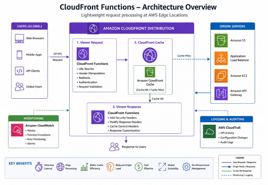 AWS CloudFront Functions architecture with edge processing, caching, origin servers, CloudWatch, and CloudTrail.
