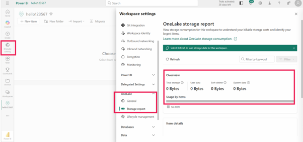 Microsoft Fabric storage reporting dashboard showing item-level storage usage, capacity visibility, and governance insights.