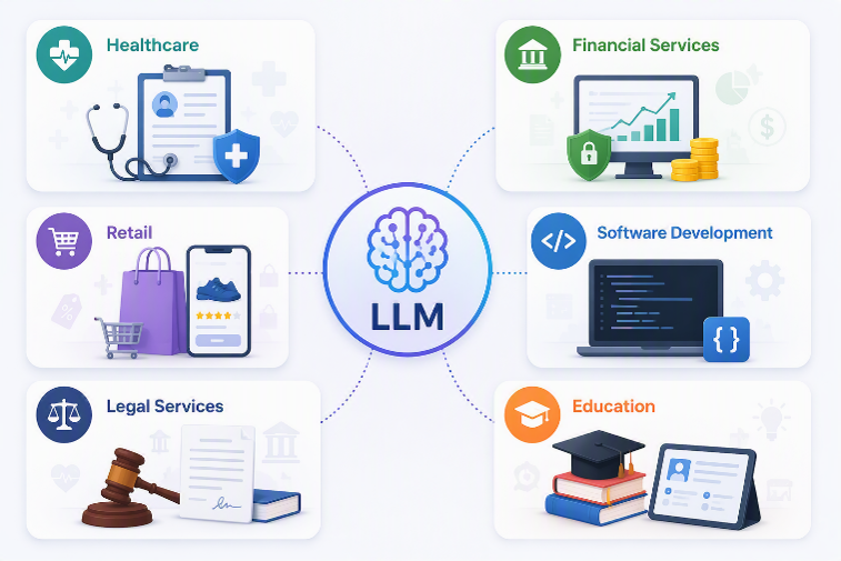 LLM applications across healthcare, finance, retail, software development, legal services, and education.