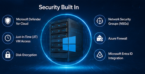 Azure Windows Server security features including Defender, JIT VM access, NSGs, Azure Firewall, and Entra ID.