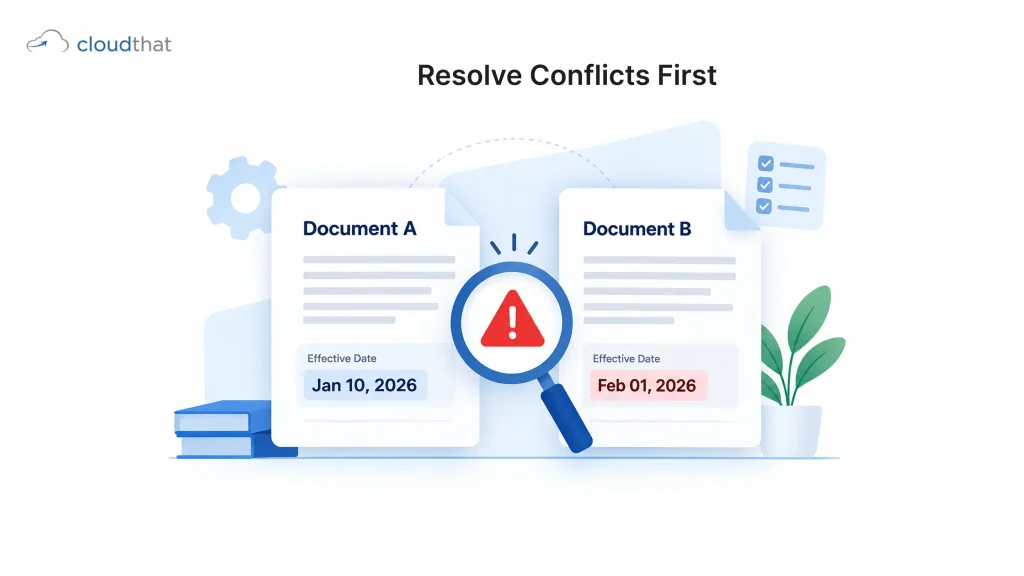 Two conflicting documents are marked for review before either is used as an approved source.