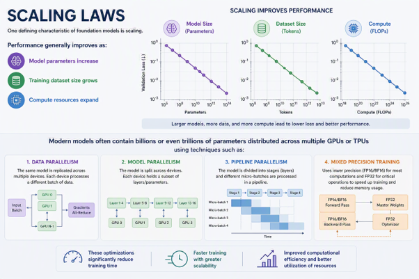 Foundation model scaling laws showing performance improvements from larger model parameters, datasets, and compute resources.