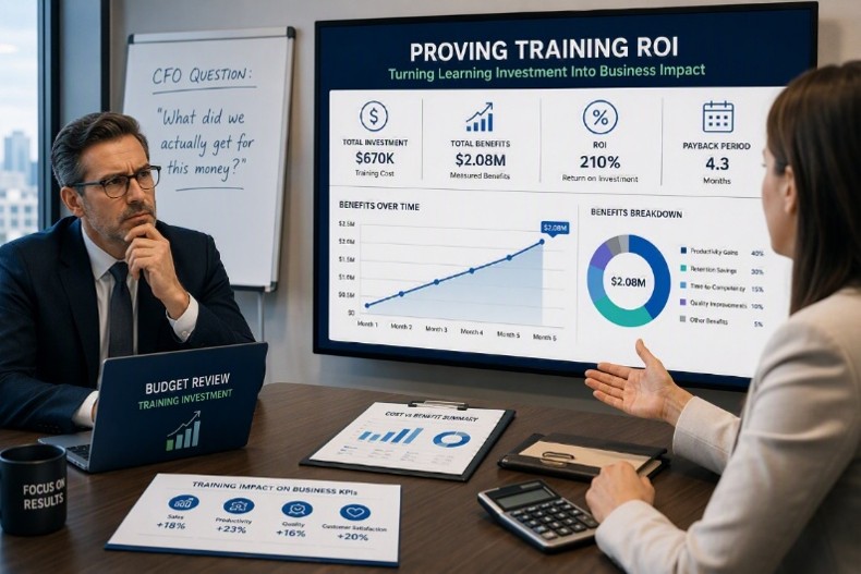 Training ROI dashboard showing business impact, cost savings, productivity gains, ROI metrics, and CFO-focused reporting.