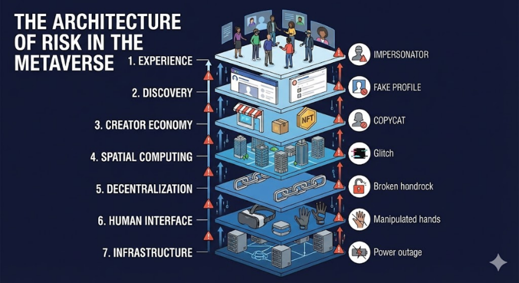 Metaverse threat architecture showing security risks across infrastructure, identity, decentralization, creator economy, and user experience.