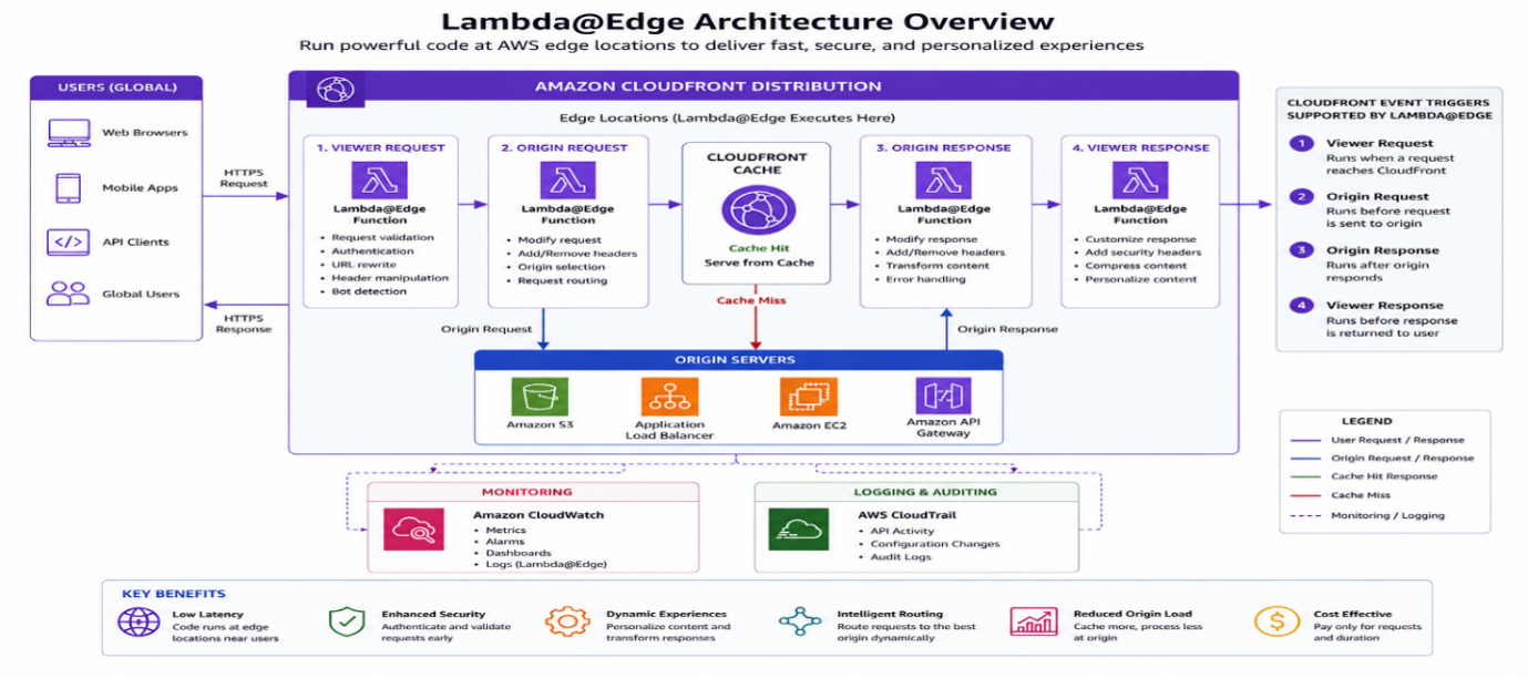AWS Lambda@Edge architecture with CloudFront, edge computing, caching, origin servers, monitoring, and request processing.