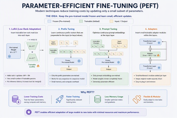 Parameter-Efficient Fine-Tuning (PEFT) methods including LoRA, Prefix Tuning, Prompt Tuning, and Adapters for AI models.