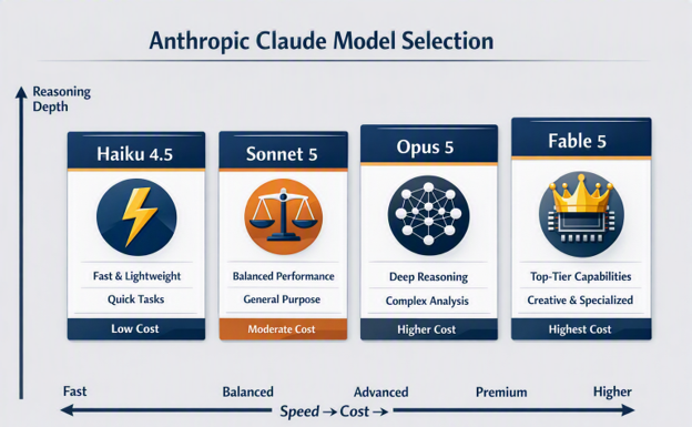 Anthropic Claude model selection matrix comparing Haiku 4.5, Sonnet 5, Opus 5, and Fable 5 by cost, speed, and reasoning.