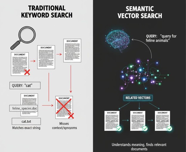 Keyword search vs semantic search comparison showing exact keyword matching, vector search, context understanding, and retrieval accuracy.
