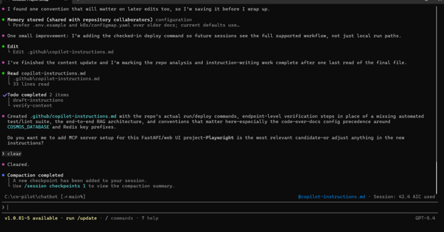GitHub Copilot CLI context compaction workflow showing automatic and manual /compact for efficient context management.