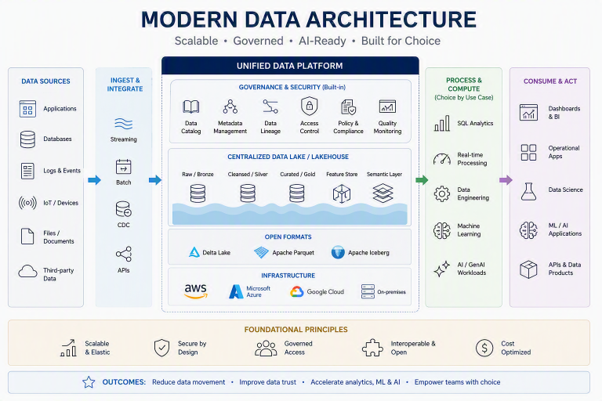 Modern data architecture with data lakehouse, governance, analytics, AI, and multi-cloud integration for business growth.