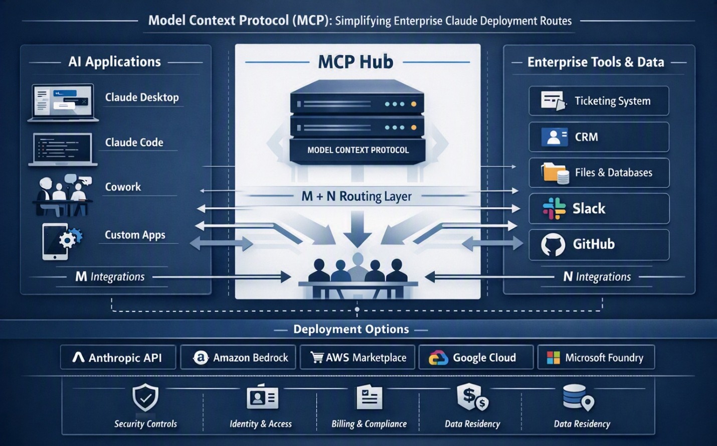 Model Context Protocol (MCP) architecture connecting Claude apps with enterprise tools, data sources, and cloud platforms.