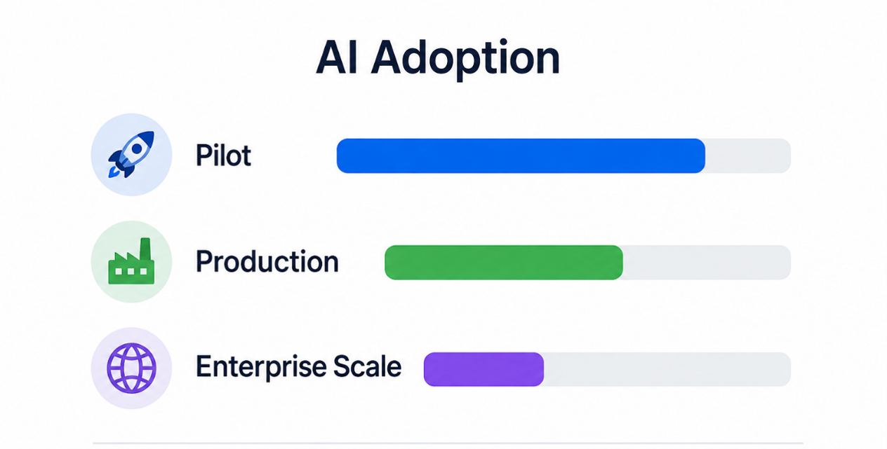 Enterprise AI adoption journey from pilot to production and scale, highlighting the growing role of AI agents.