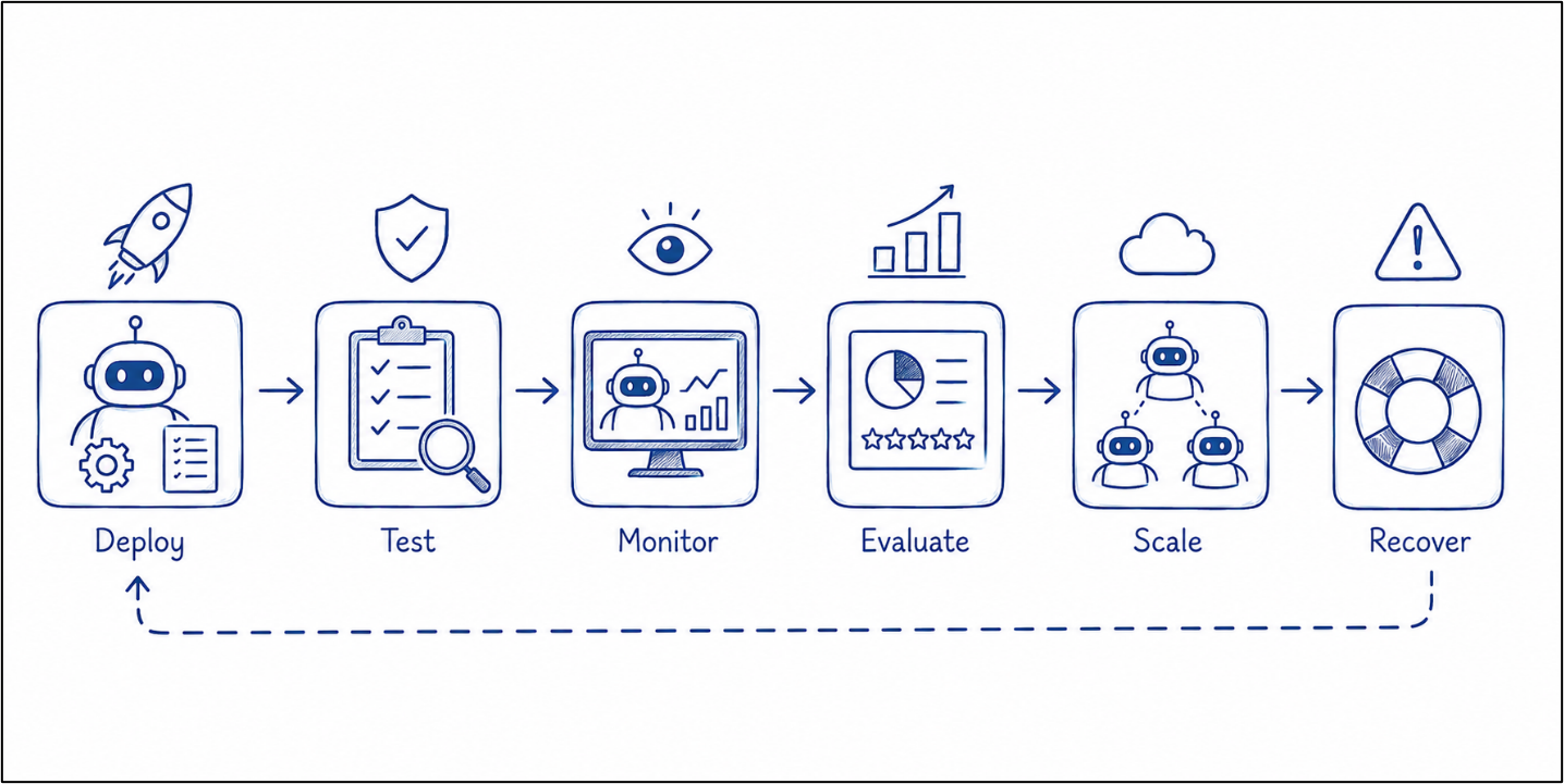 AgentOps lifecycle showing AI agent deployment, testing, monitoring, evaluation, scaling, incident recovery, and optimization.